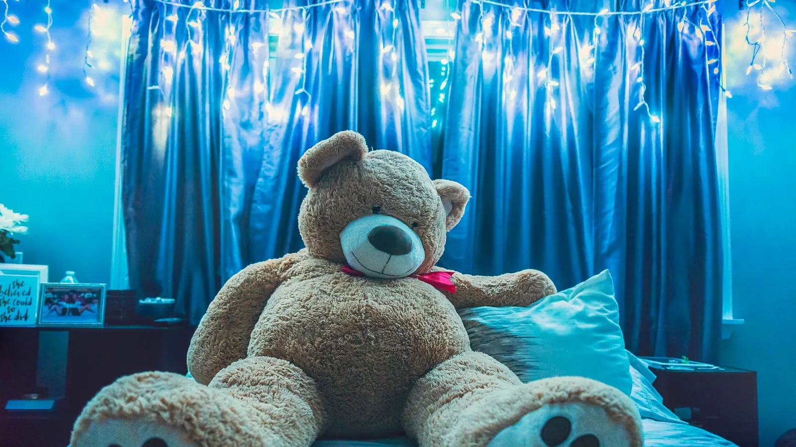 Photographie : une très grande peluche posée dans une chambre